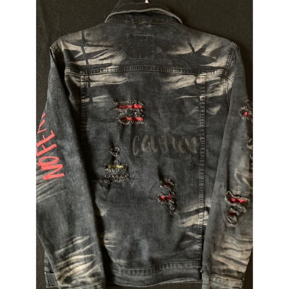 DEMOLITION Men's Distressed Black Denim Jacket Red Graphic Ripped Punk Size M - Picture 9 of 15